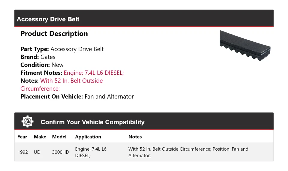 Para 1992 UD 3000HD 7,4 L L6 diésel accesorio correa de transmisión ventilador y puertas del alternador Foto 2 de 4