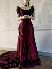 Vintage Gothic Wedding Dresses Satin Red Black Lace Sweep Train Bridal Gowns