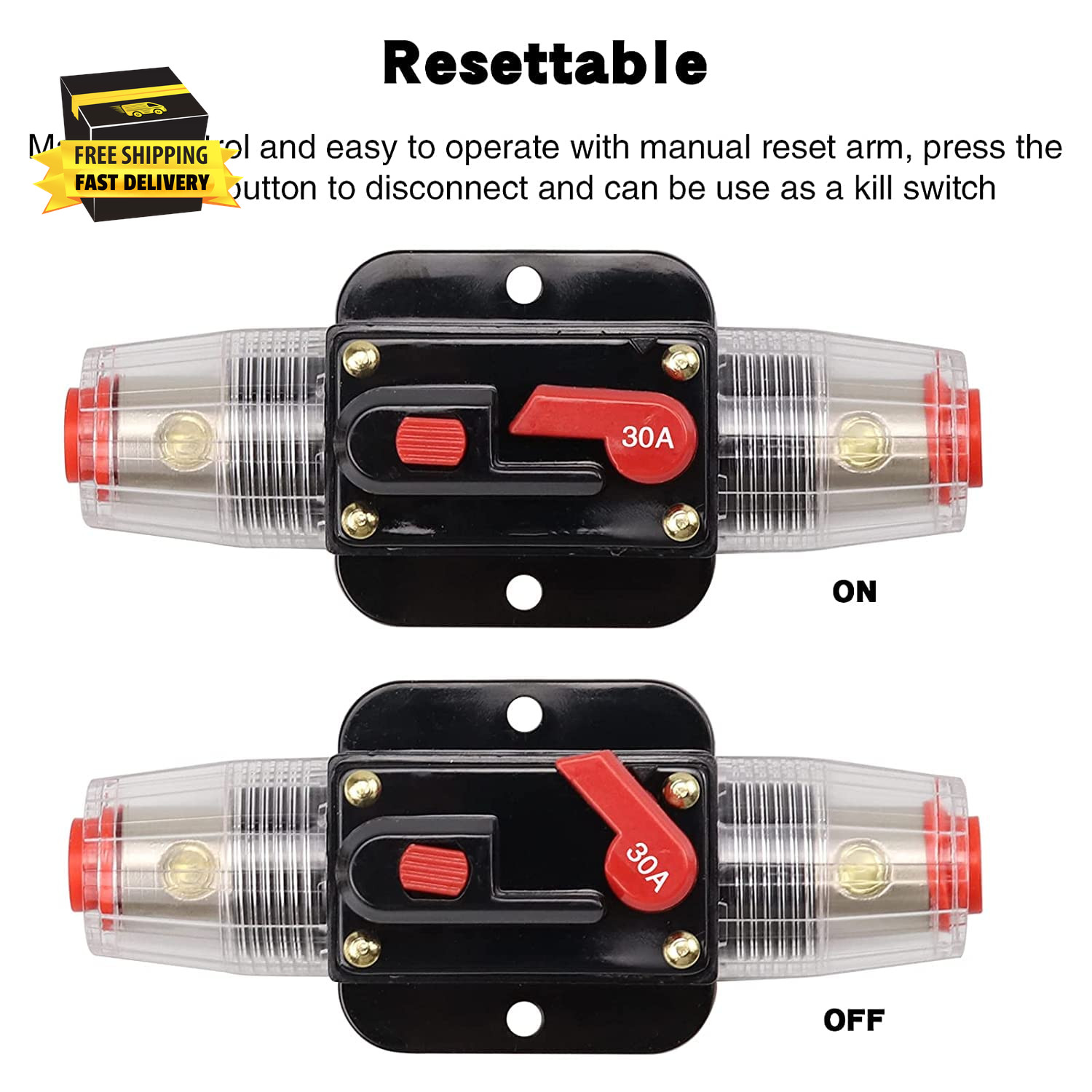 12-24V DC 30A Fuse Holder Resettable Inline Fuse Circuit Breaker Inverter for Au
