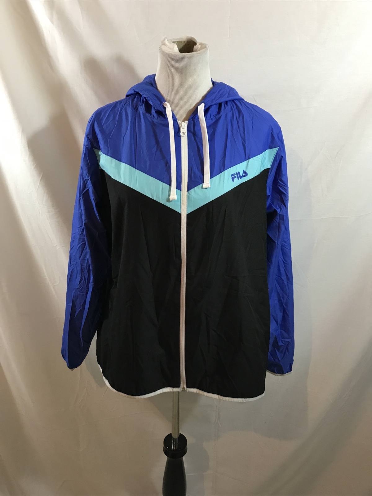 Giacca a vento Fila blu e nera con cappuccio donna XL nuova con etichetta da ascella ad ascella = 23