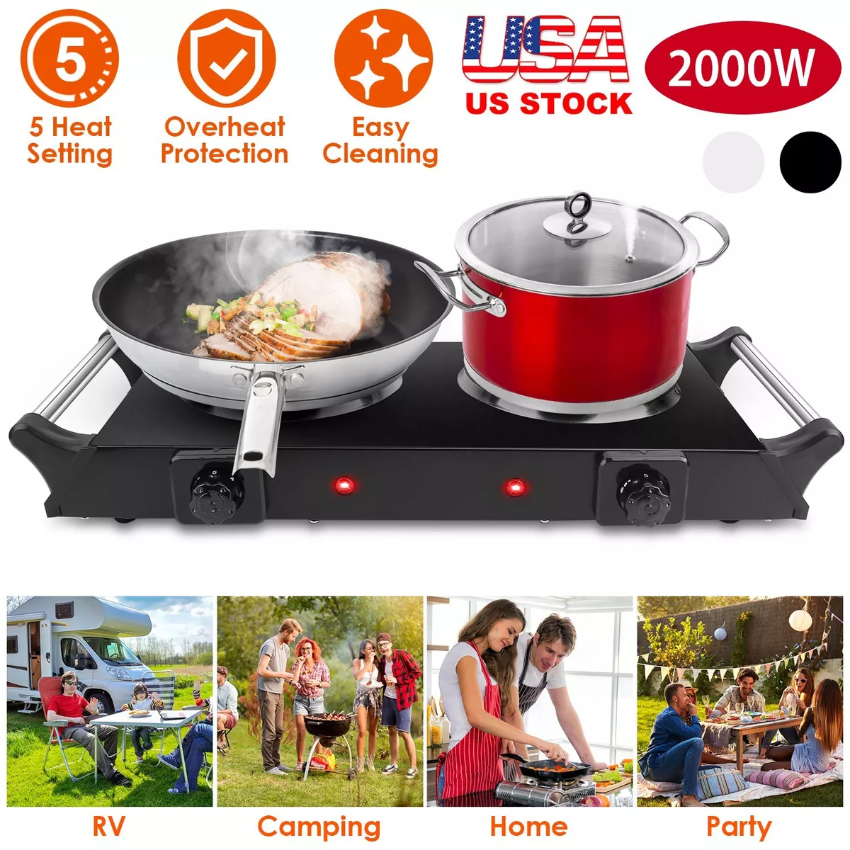 iMounTEK Electric Double Burner 2000W Portable Cooktop Countertop Dual Flat  Burner Hot Plate Kitchen Cooker Stove with 5 Gear Temperature Control for