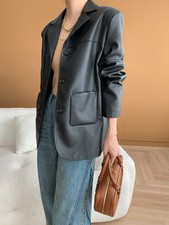 Blazer donna stile retrò monopetto risvolto colletto ecopelle cappotto giacca