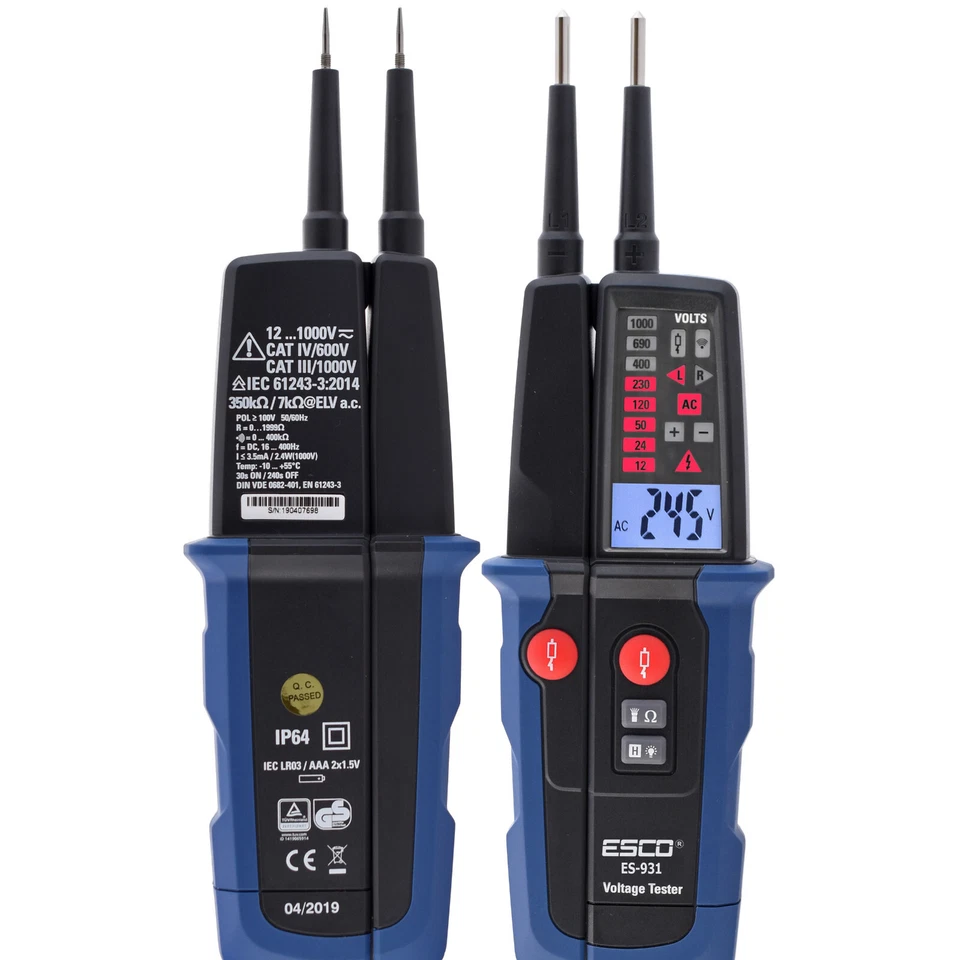 Spannungsprüfer 2 polig 12-1000V AC/DC Phasenprüfer Drehfeldrichtung FI-Schalter - Bild 4 von 4