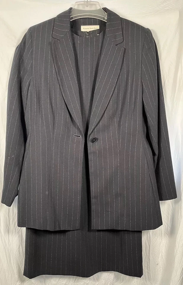 Amanda Smith Petite 3 Piezas Pantalón Traje Vestido Conjunto Pin Rayas Negro Talla 2P Foto 2 de 4