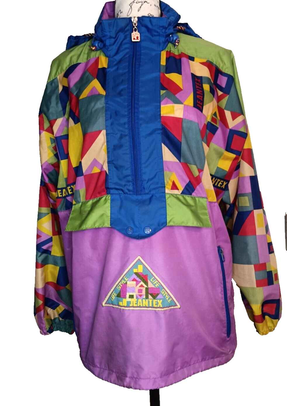 Vintage Jeantex Windbreaker Jacket Y2K, Purple Geometric, Large, Hood, Pouch Zip