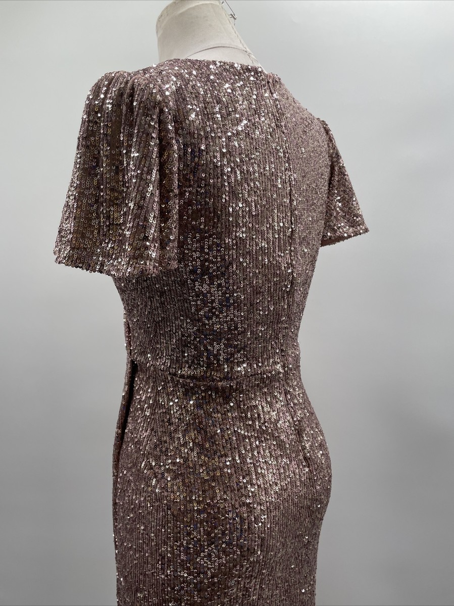 XSCAPE Shimmering Gold Sequins V-Neck Fit & Flare Gown Slit At front Size 2  | eBay