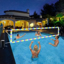 Pool Volleyball Net Set with Solar LED Lights, 15-32 Ft, Blue and Red