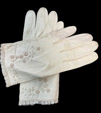 Vintage White Leather Gloves With Floral Embroidery  Lace Trim