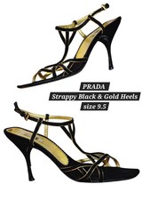 PRADA Black & Gold Suede Strappy Slingback Sandal Heels Sz: 39.5 w/Dustbag