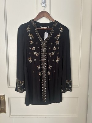 Soft Surroundings Festa Beaded Sequin Tunic Blouse Womens Size XS Black NWT
