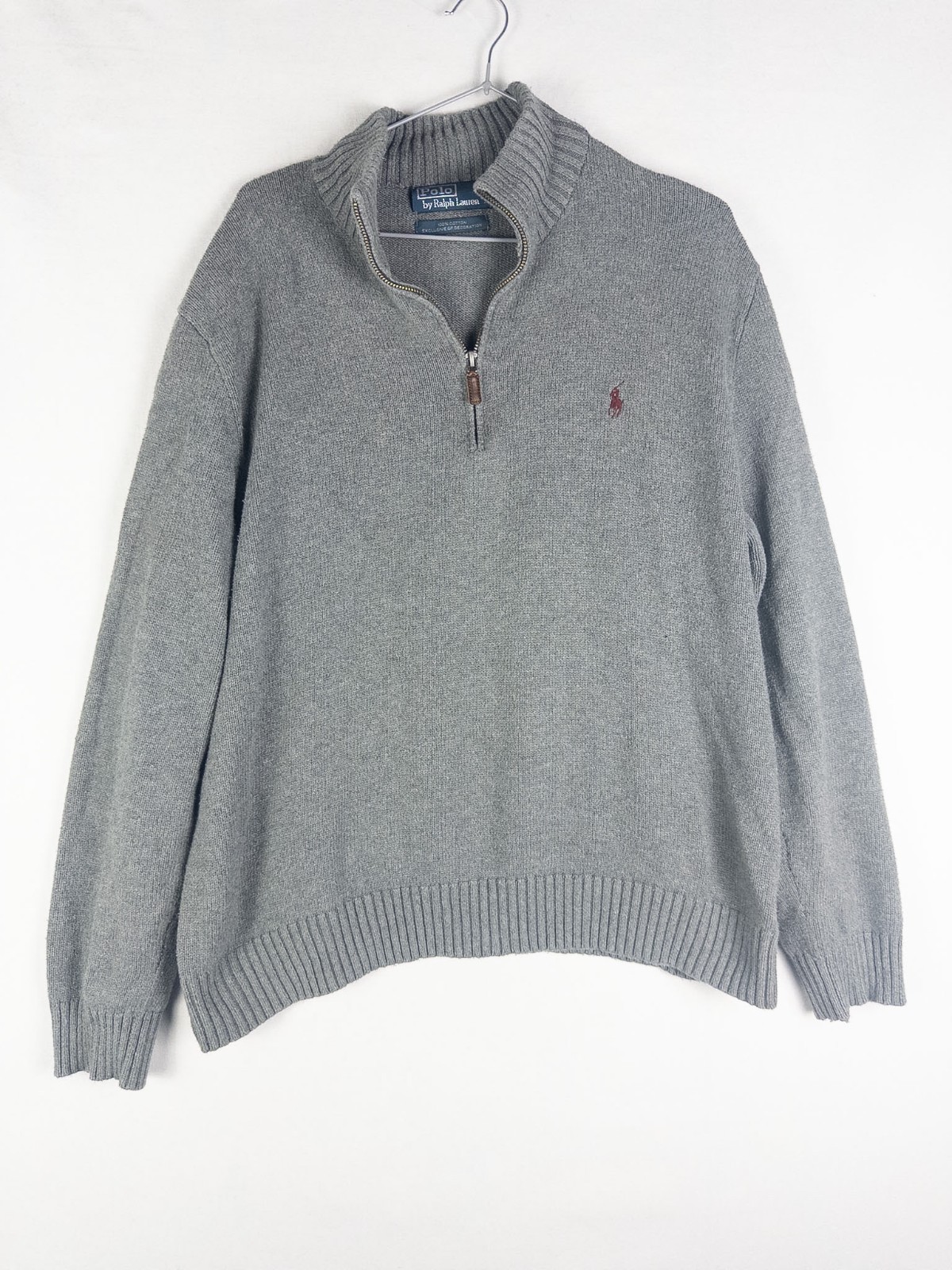 VTG Polo Ralph Lauren Q Zip Pullover Mens XL Gray Pony Ribbed Knit Casual