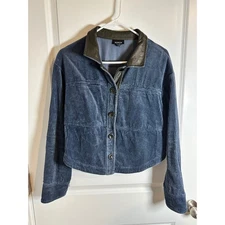 WORTH New York Corduroy Cropped Jacket Leather Collar Blue Button Down