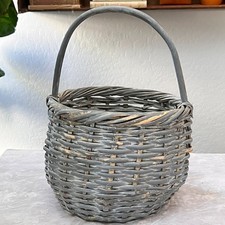 Medium Round Wicker Basket 11" Split Wood Distressed Gray Washed