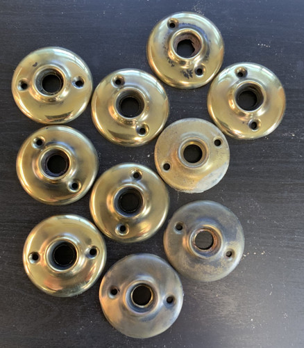 10 Antique 2" brass door knob escutcheons - colonial traditional, 2 screw holes