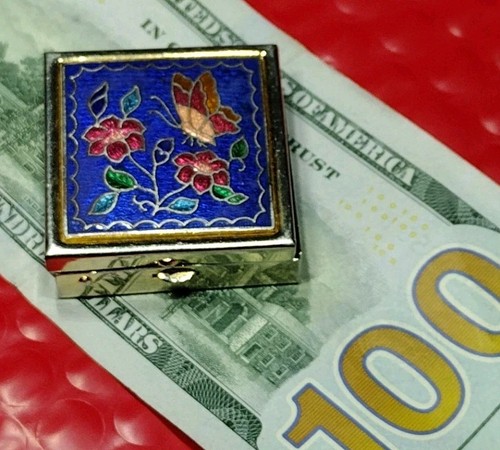Portapillole vintage Cloisonne smalto farfalla floreale tono oro portapillole cerniera - Foto 14 di 14