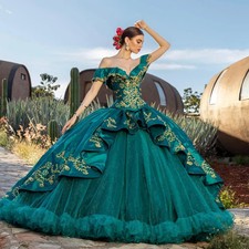 Dark Green Quinceanera Dresses Off Shoulder Gold Lace Applique Ruched Ball Gowns