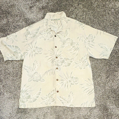 Tommy Bahama Men's M Silk Floral Hawaiian Beige Gray Short Sleeve Button-Up
