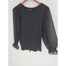 Nally & Millie Black Career Blouse Sheer Sleeves Made in USA Womens XS