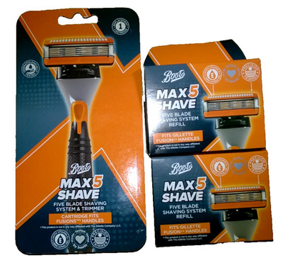 Boots Max Shave Rasiersystem mit fünf Klingen & Trimmer + 9 Nachfüllkassetten