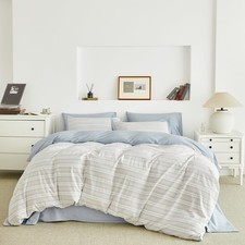 Blue Pink Striped Duvet Cover Queen 100 Cotton 3 Pcs Set 1 Textured Seersuck...