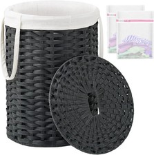 Stylish Black Round PE Rattan Laundry Hamper with Lid for Organized Spaces