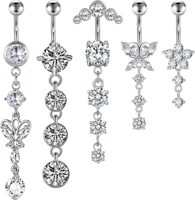 5PCS 14G Dangle Belly Button Rings Silver CZ Set