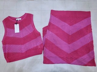 AERE Pink Chevron Open Knit 2 Piece Skirt & Top Set Women’s Size 16 Co ord