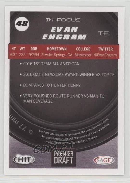 2017 Sage Hit In Focus Blue Evan Engram #48 Rookie RC - Image 2 of 2