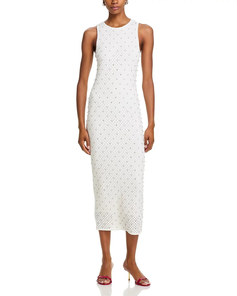 Aqua L104601 Womens White Rhinestone Knit Midi Tank Dress Size S