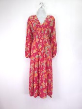 RIXO Camellia Dress Size 14 Pink Orange Floral Silk Midi Wedding Guest party