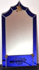 Vintage Art Deco BLUE GLASS WALL MIRROR w/ Etched Rose ~ Gorgeous Cobalt Glass