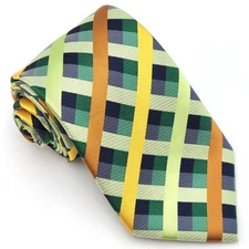 NWT BARRY WANG Light Green Gold Black Striped Squares Tie Necktie 3.5 x 59