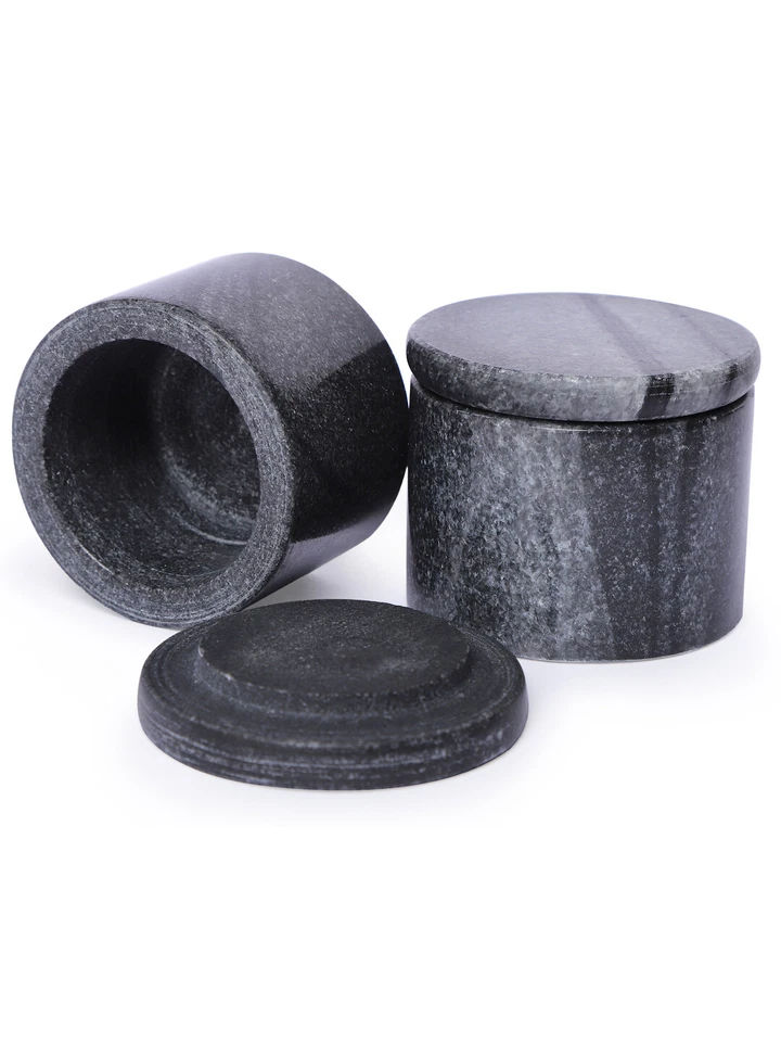 Salero de mármol con tapa, juego de 02 pellizcos color negro hechos a mano en India Foto 3 de 4