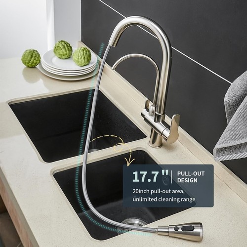 Grifo abatible 3 en 1 para fregadero de cocina - Doble mango níquel cepillado belleza - Imagen 6 de 10