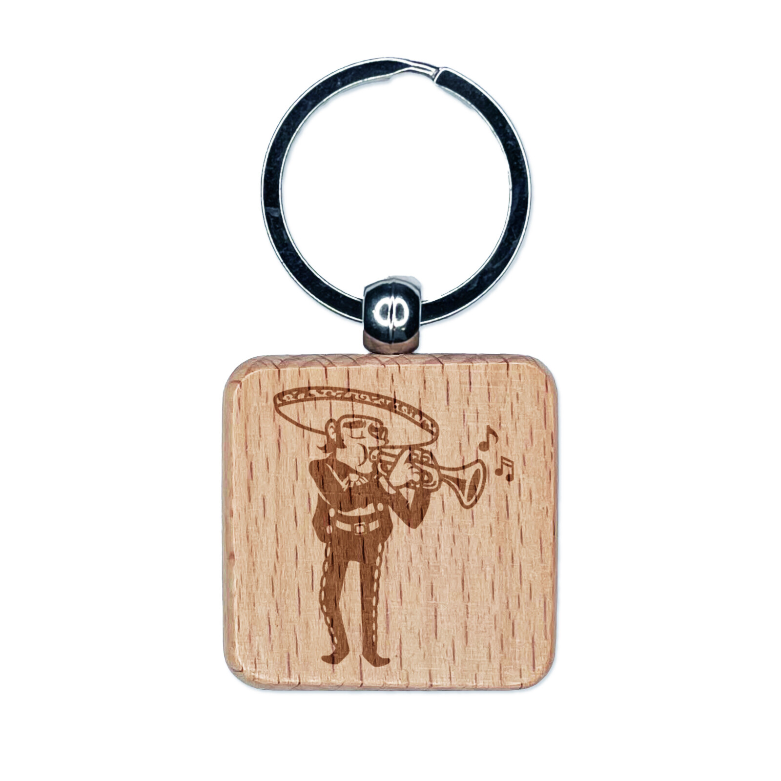 Banda de Mariachi Hombre con Trompeta Española Grabada Madera Cuadrada Llavero Etiqueta Dije