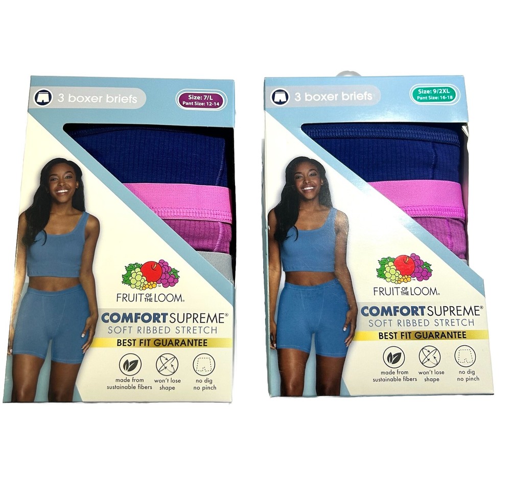 Fruit of The Loom Women Soft Ribbed Stretch 3 Pack Boxer Briefs Sizes 7/L, 9/2XL
