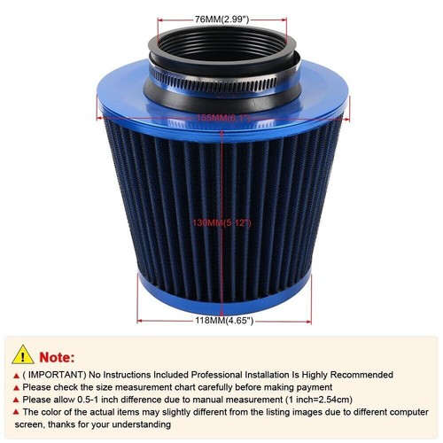 3" 76mm High Flow Inlet Cold Air Intake Cone Replacement Dry Air Filter Blue - Picture 9 of 13