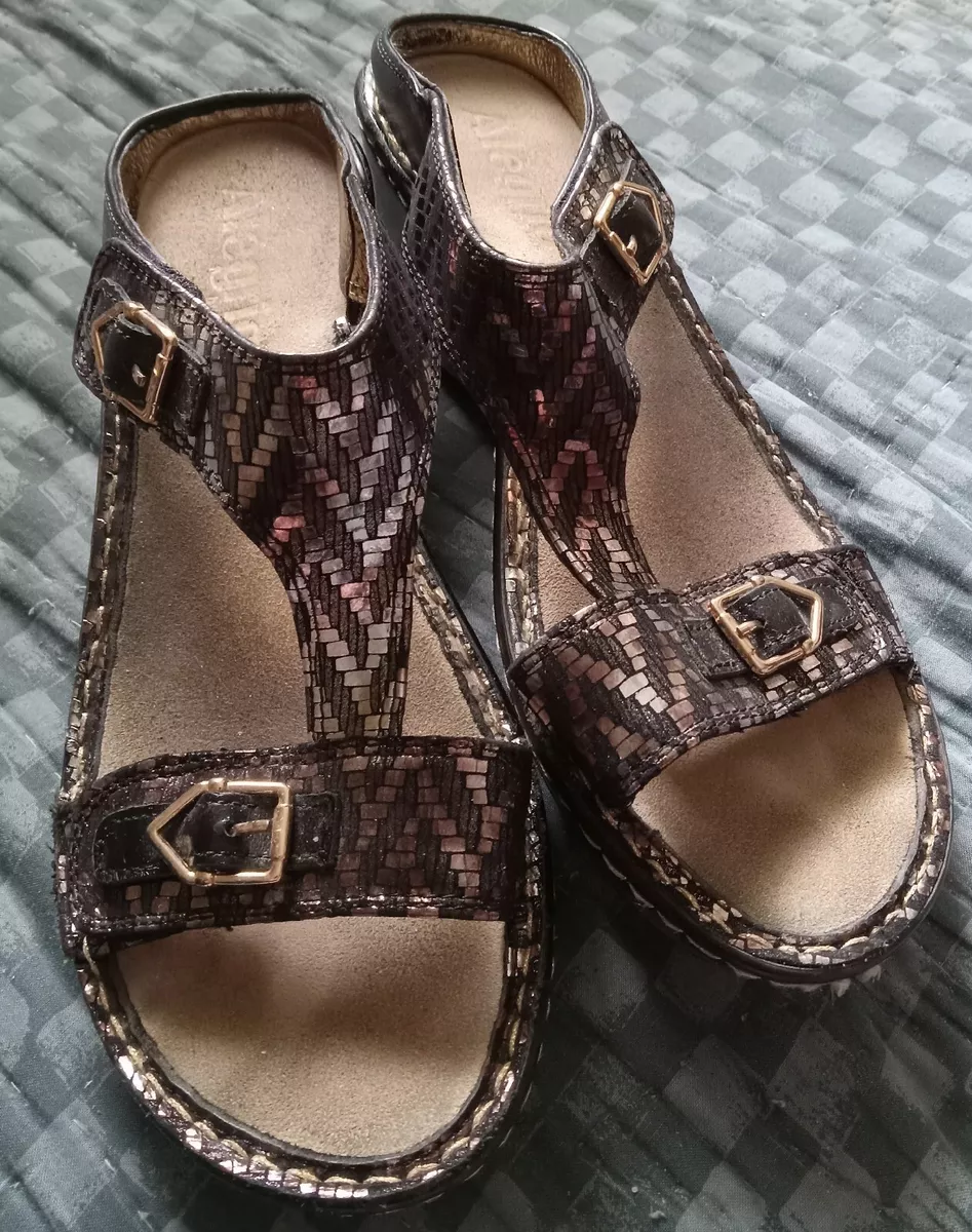 Alegria Wms Pewter Leather Lara 746 Platform Sandals Slides Adjustable 39M
