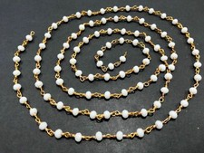 3 Feet White Quartz Rondelle 3-4mm Faceted Beads, Rosary Chain Gold Wire