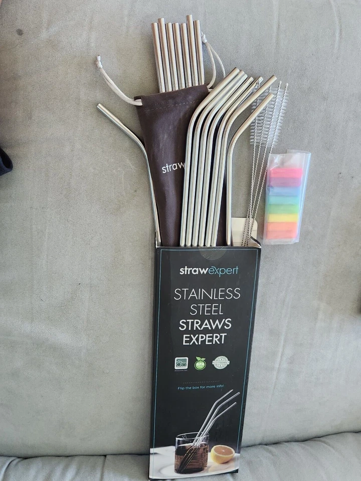 Paquete de 16 pajitas metálicas reutilizables color arco iris StrawExpert con punta de silicona y T Foto 2 de 2