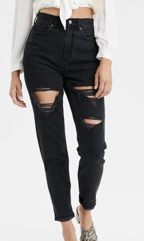 American Eagle Women Size 8 High rise mom jean Black Distressed Stretch B1