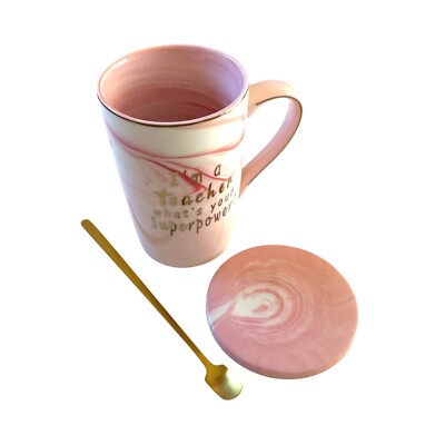 Teacher Super Power Mug Gift Box Set 14 Oz Pink Marble, Lid & Spoon