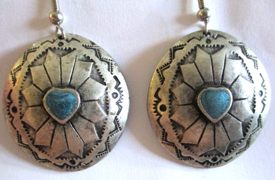 VINTAGE NAVAHO STYLE SOUTHWESTERN CONCHO SUNBURST EARRINGS W/ ENAMEL HEART, AINA