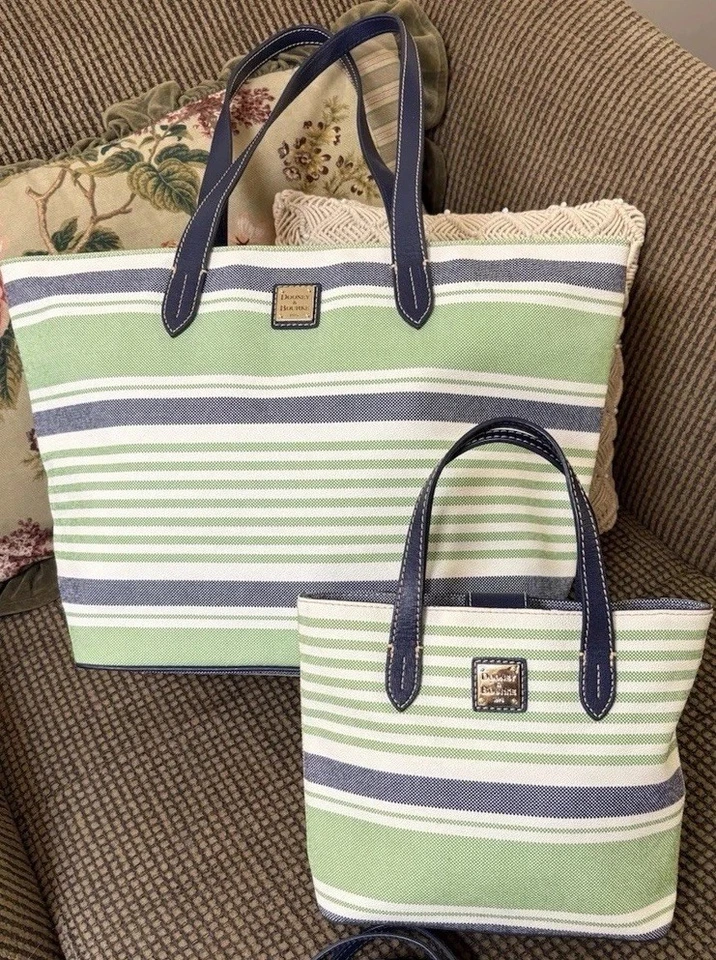 Conjunto de paquete Dooney Bourke Westerly verde azul rayas bolso de mano grande y cartera Foto 4 de 4