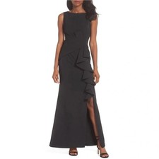 Eliza J Women Dress 14 Black Ruffle Sleeveless Front Cascade Cocktail Gown New