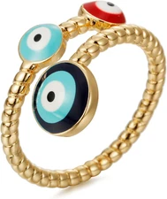 Evil Eye Ring for Women, Gold Plated Colorful Cubic Zirconia Turkish Faith Prote