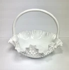 Vintage Fenton Hobnail Milk Glass Basket 10" Ruffled Edge and Crimped Handle