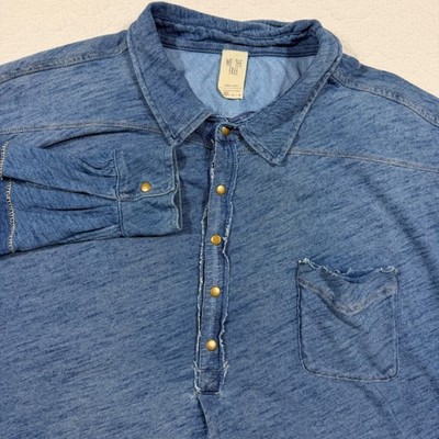 We The Free Women Love This Henley Tunic Top XS Oversized Raw Edge Blue EUC