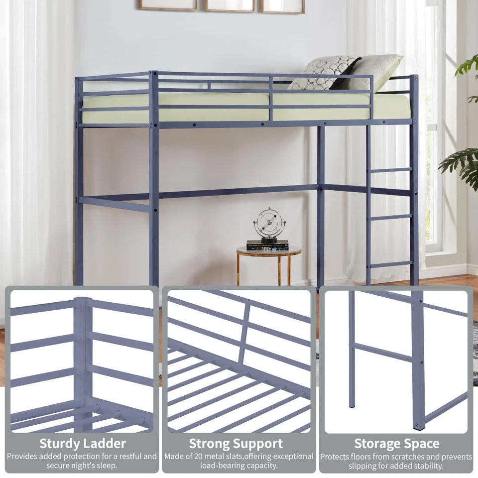 Marco de cama loft de metal de tamaño completo con barandillas de seguridad y escalera para adolescentes adultos Foto 3 de 4