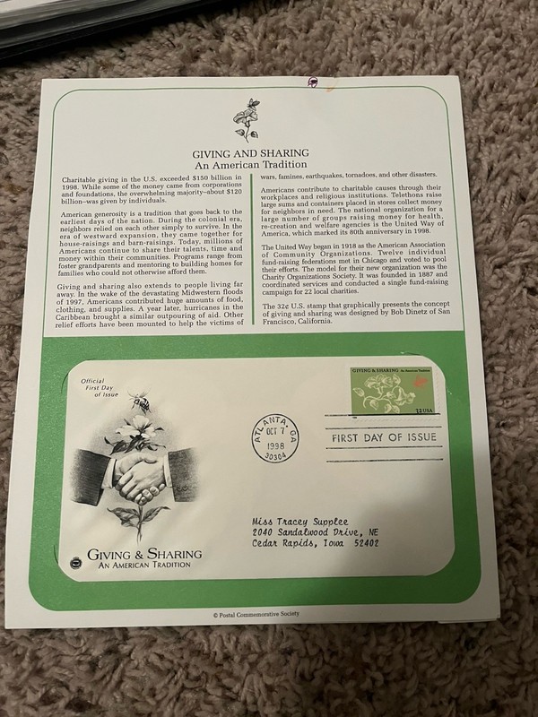 Postal Society First Day FDC Stamp # 3243 Giving and Sharing 32 cent 1998